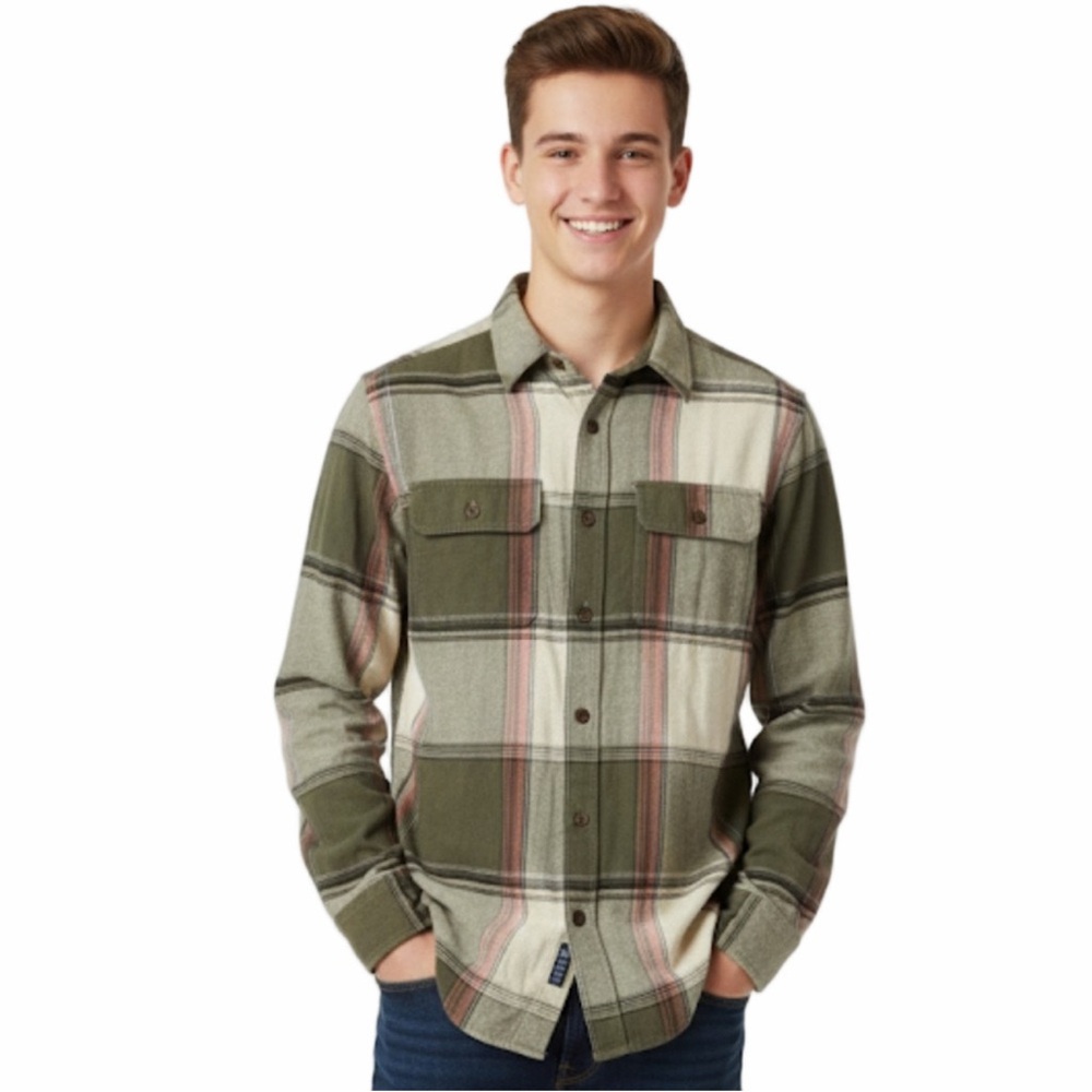 Old Navy Green Neutral Earth Tones Plaid Flannel Button-Up Shirt Men Size Small